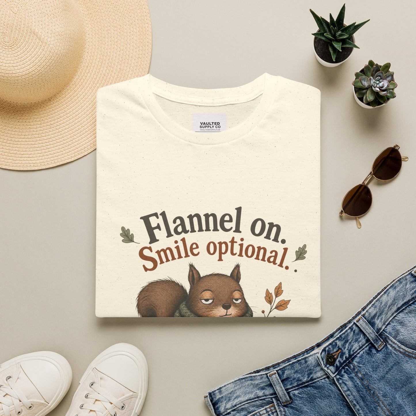 Fall Squirrel Tee — "Flannel on. Smile optional." Cozy Autumn Graphic T‑Shirt