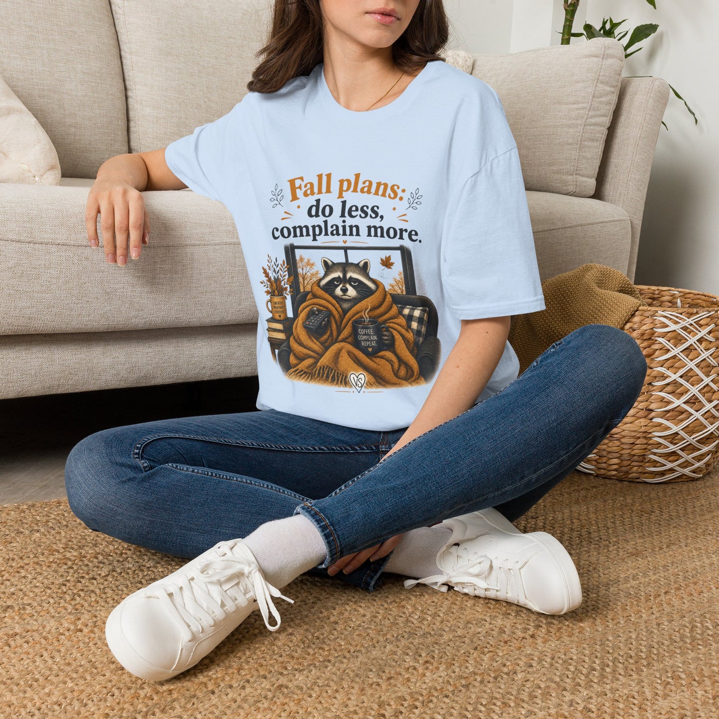Fall Plans Raccoon Tee — "Fall plans: do less, complain more."