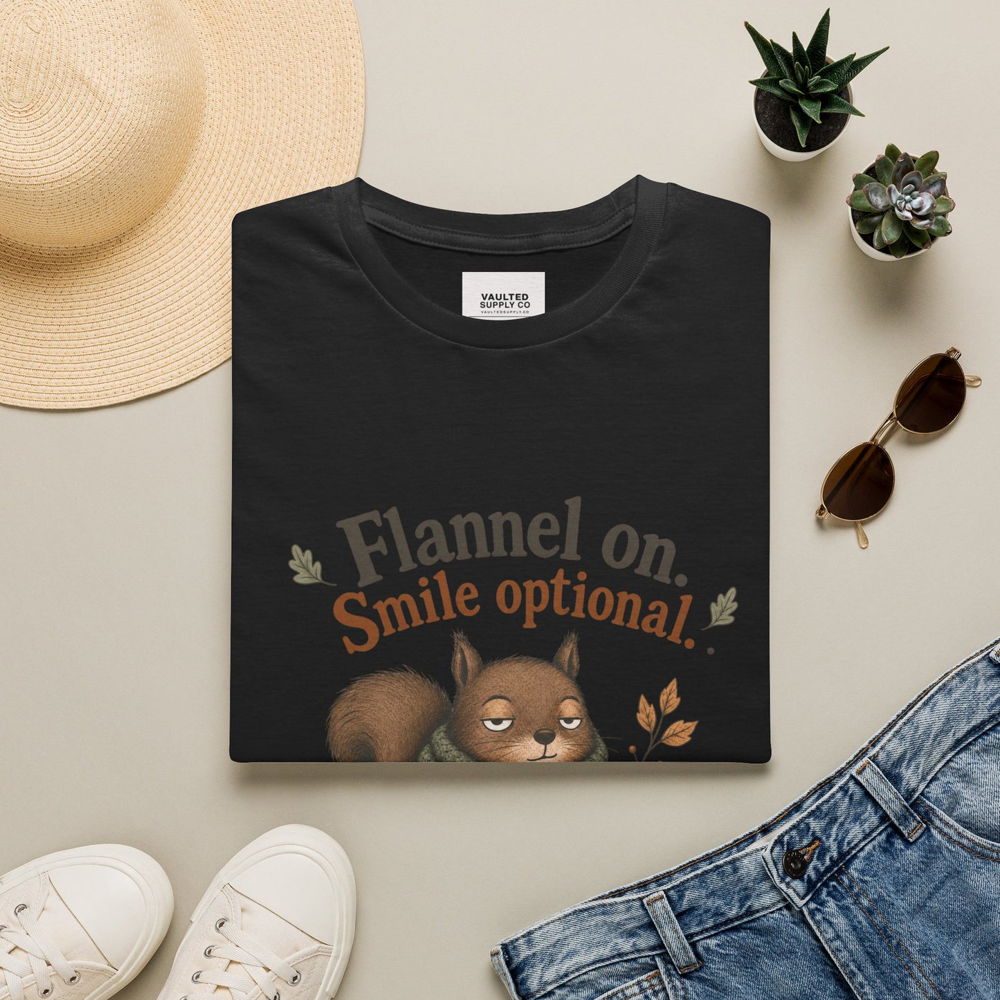 Fall Squirrel Tee — "Flannel on. Smile optional." Cozy Autumn Graphic T‑Shirt