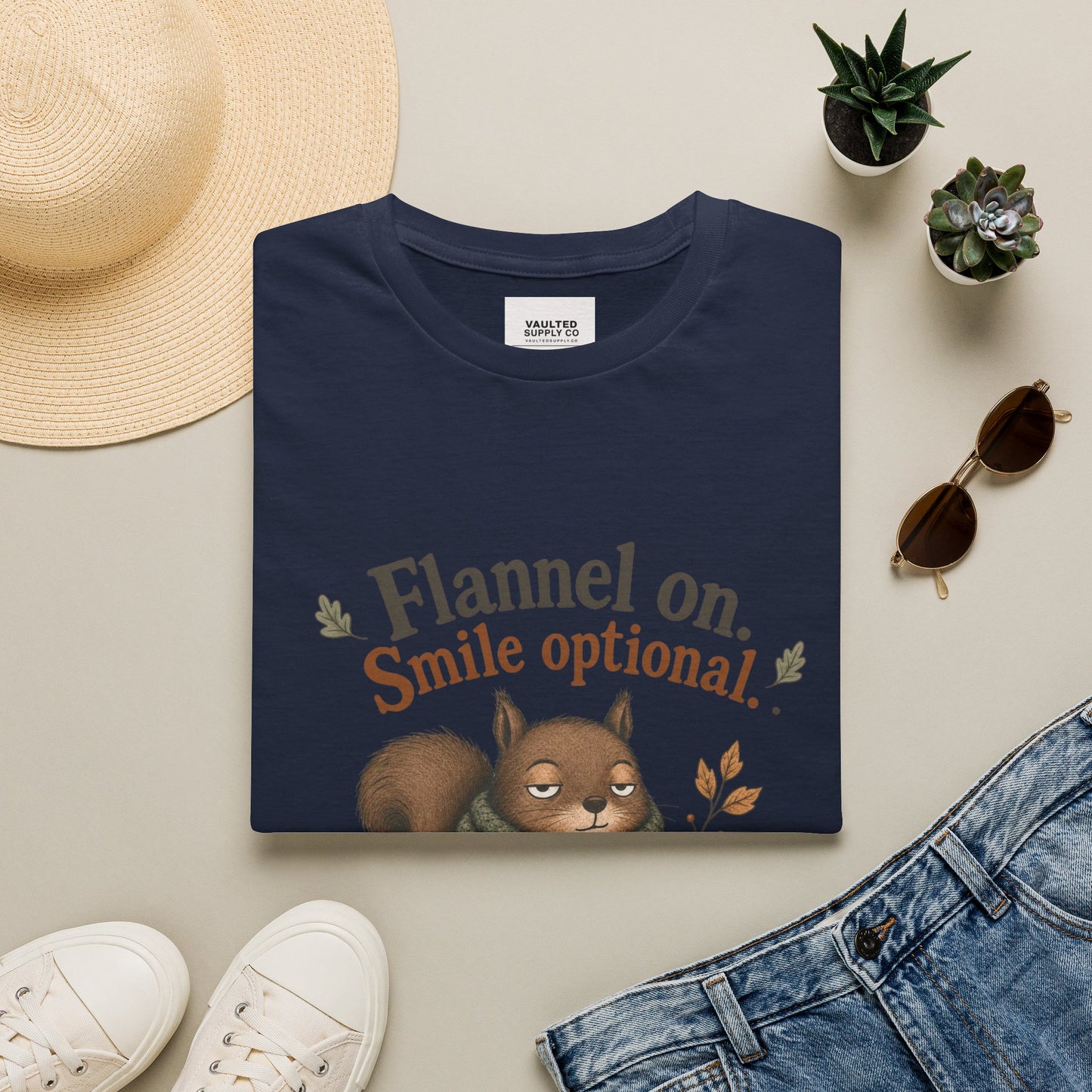 Fall Squirrel Tee — "Flannel on. Smile optional." Cozy Autumn Graphic T‑Shirt