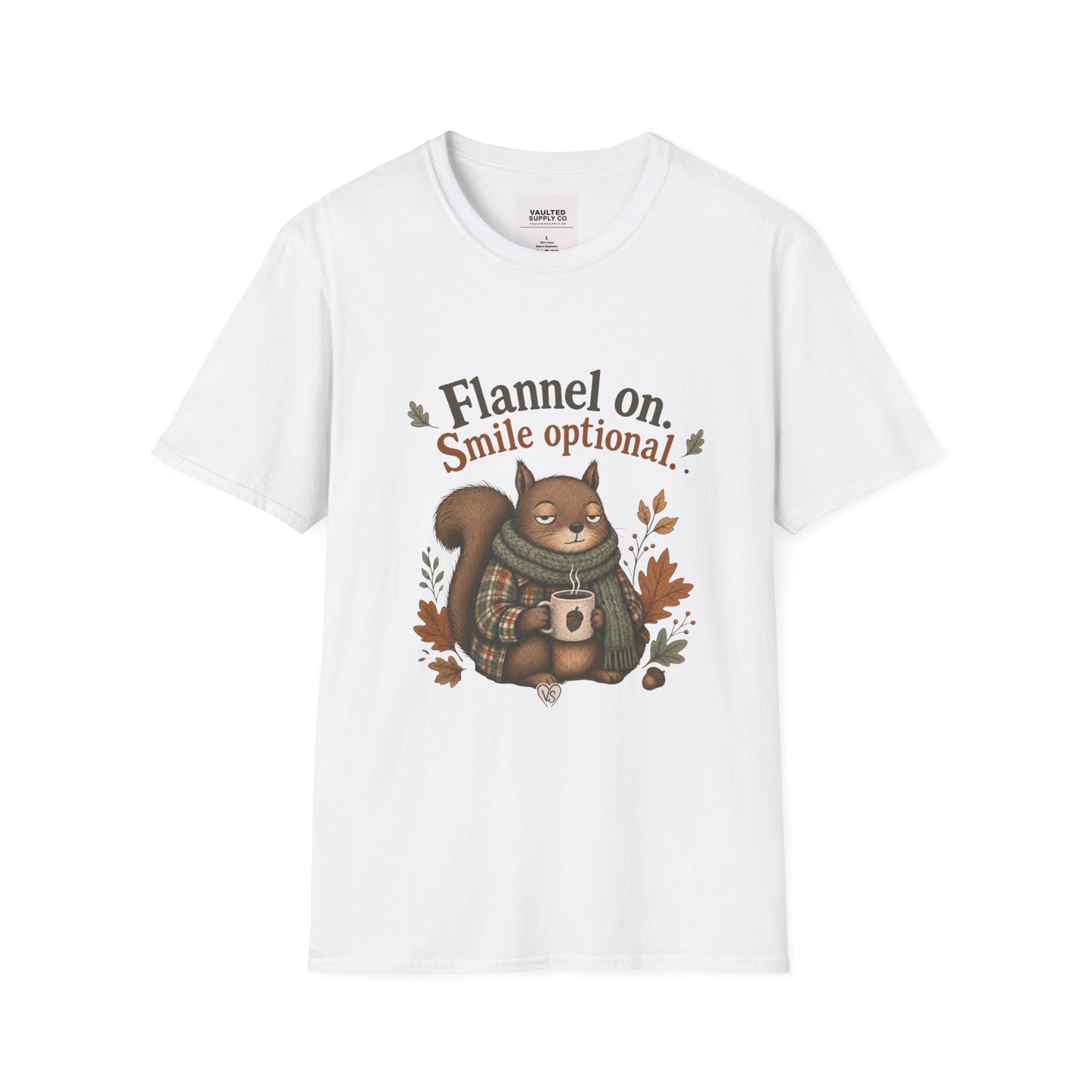 Fall Squirrel Tee — "Flannel on. Smile optional." Cozy Autumn Graphic T‑Shirt
