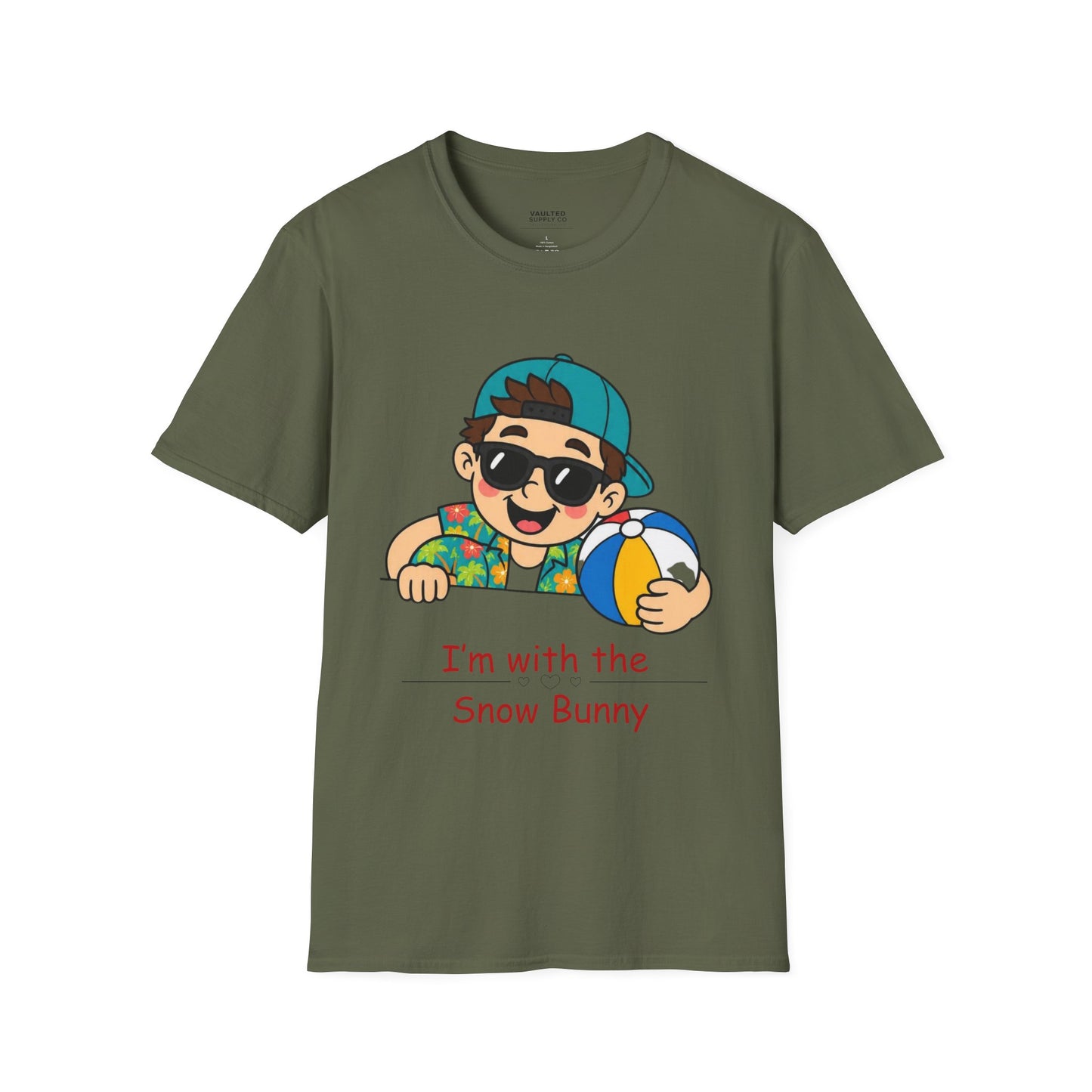 “I’m with the Snow Bunny” T-Shirt — Cartoon with Sunglasses & Beach Ball