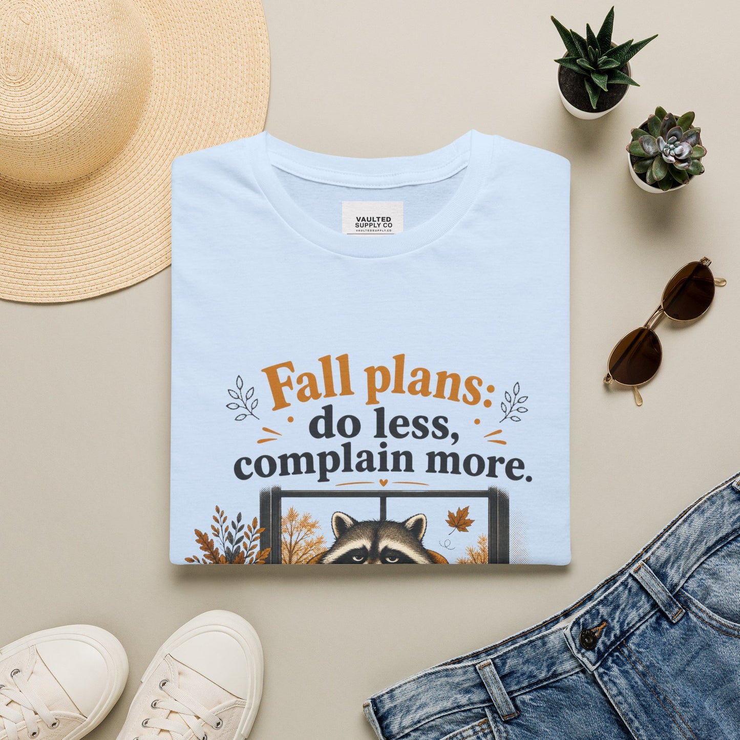 Fall Plans Raccoon Tee — "Fall plans: do less, complain more."