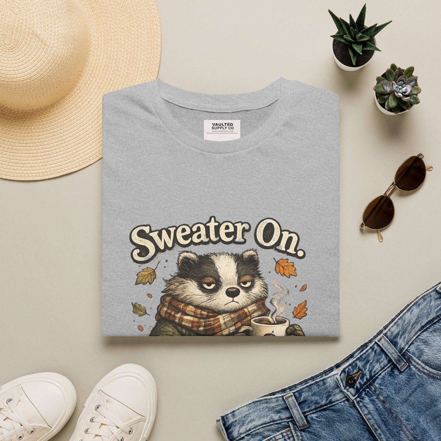 Sweater On Patience Off T‑Shirt — Cozy Autumn Raccoon Graphic Tee