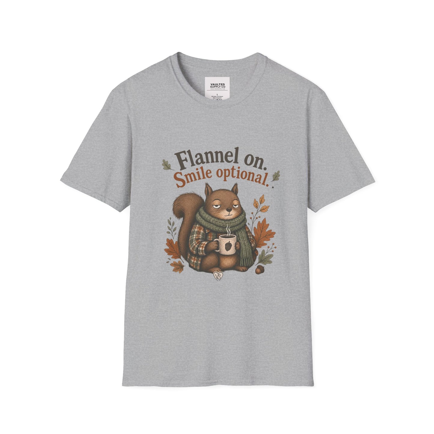 Fall Squirrel Tee — "Flannel on. Smile optional." Cozy Autumn Graphic T‑Shirt