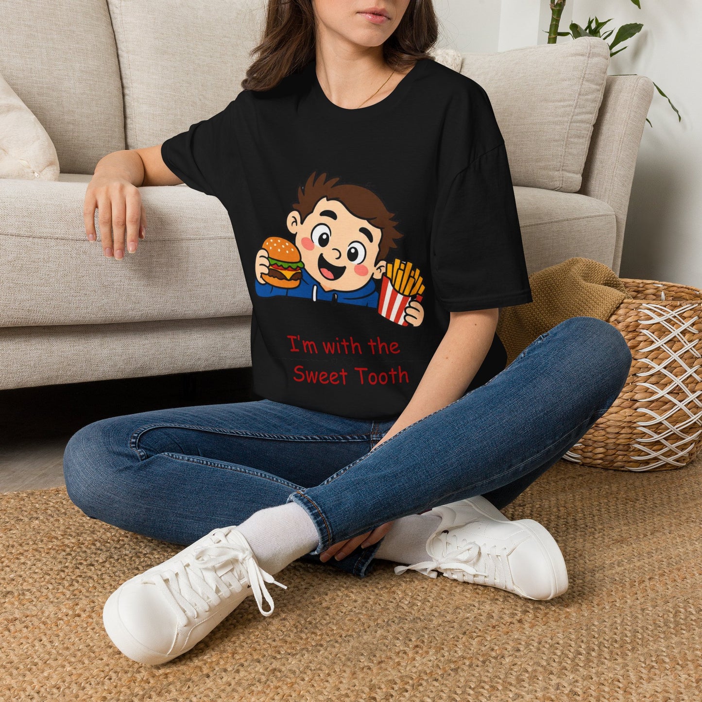 "I'm with the Sweet Tooth" Cute Kid Eating Burger & Fries Graphic Tee