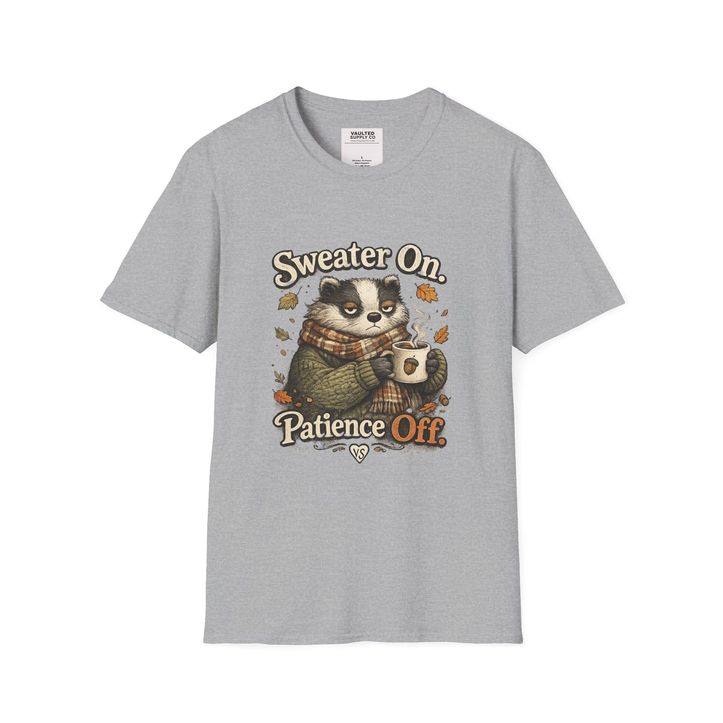 Sweater On Patience Off T‑Shirt — Cozy Autumn Raccoon Graphic Tee