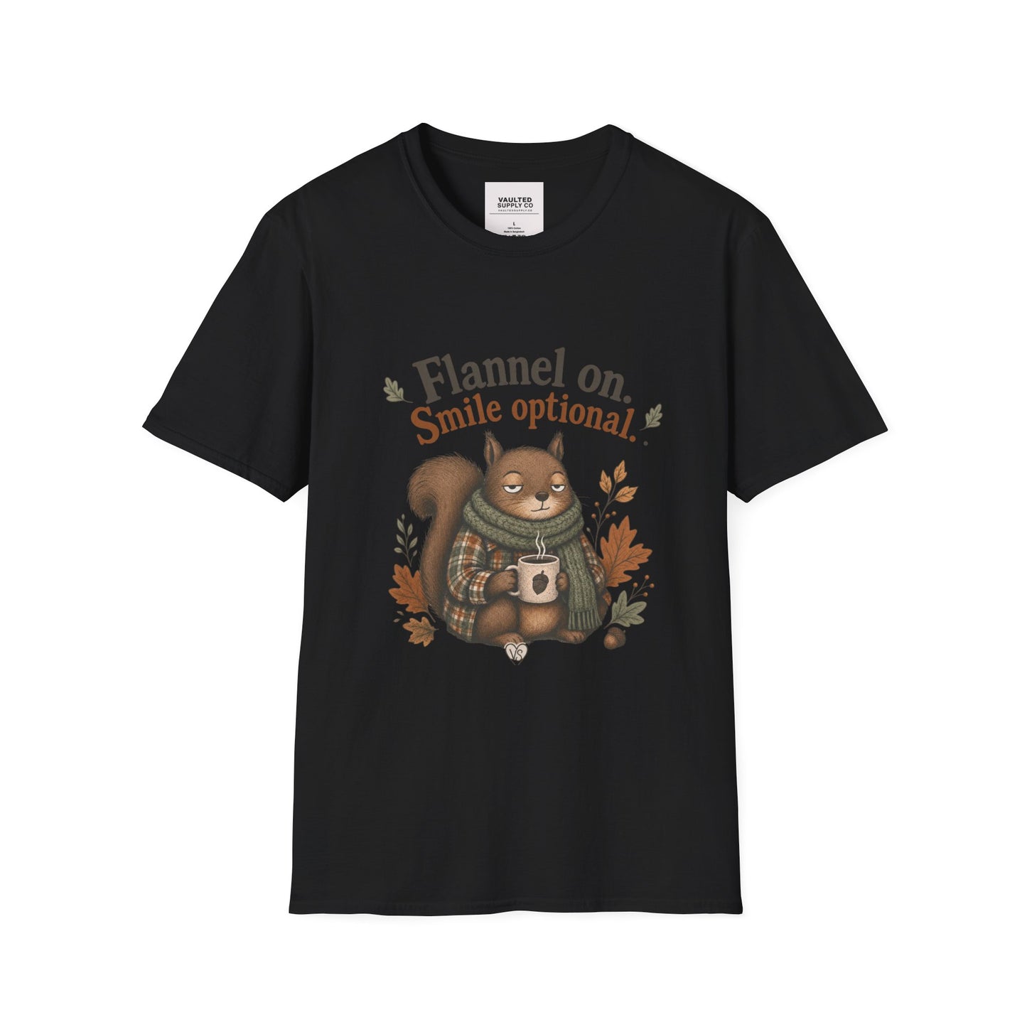 Fall Squirrel Tee — "Flannel on. Smile optional." Cozy Autumn Graphic T‑Shirt