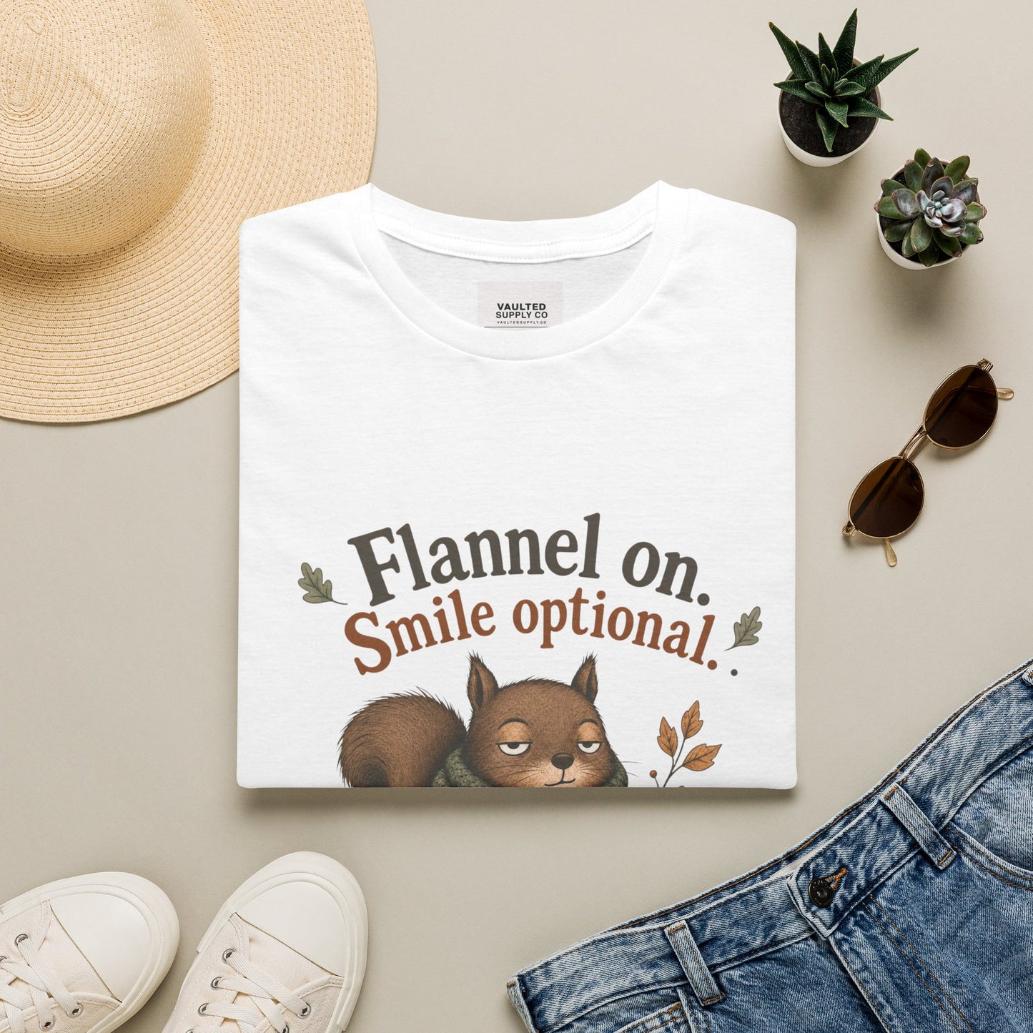 Fall Squirrel Tee — "Flannel on. Smile optional." Cozy Autumn Graphic T‑Shirt