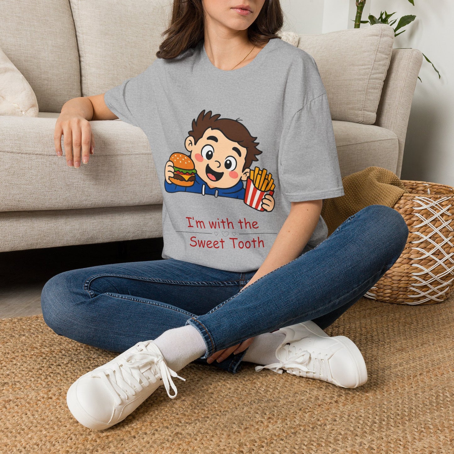 "I'm with the Sweet Tooth" Cute Kid Eating Burger & Fries Graphic Tee
