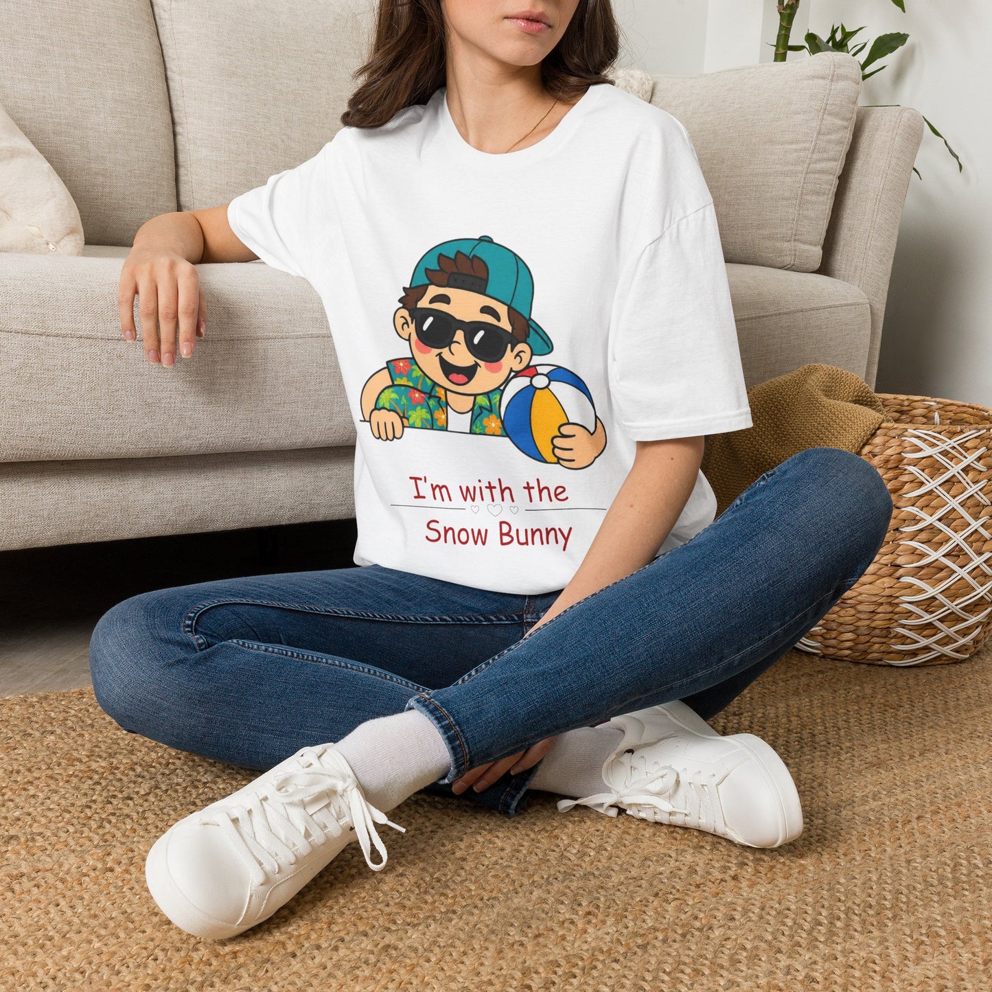 “I’m with the Snow Bunny” T-Shirt — Cartoon with Sunglasses & Beach Ball