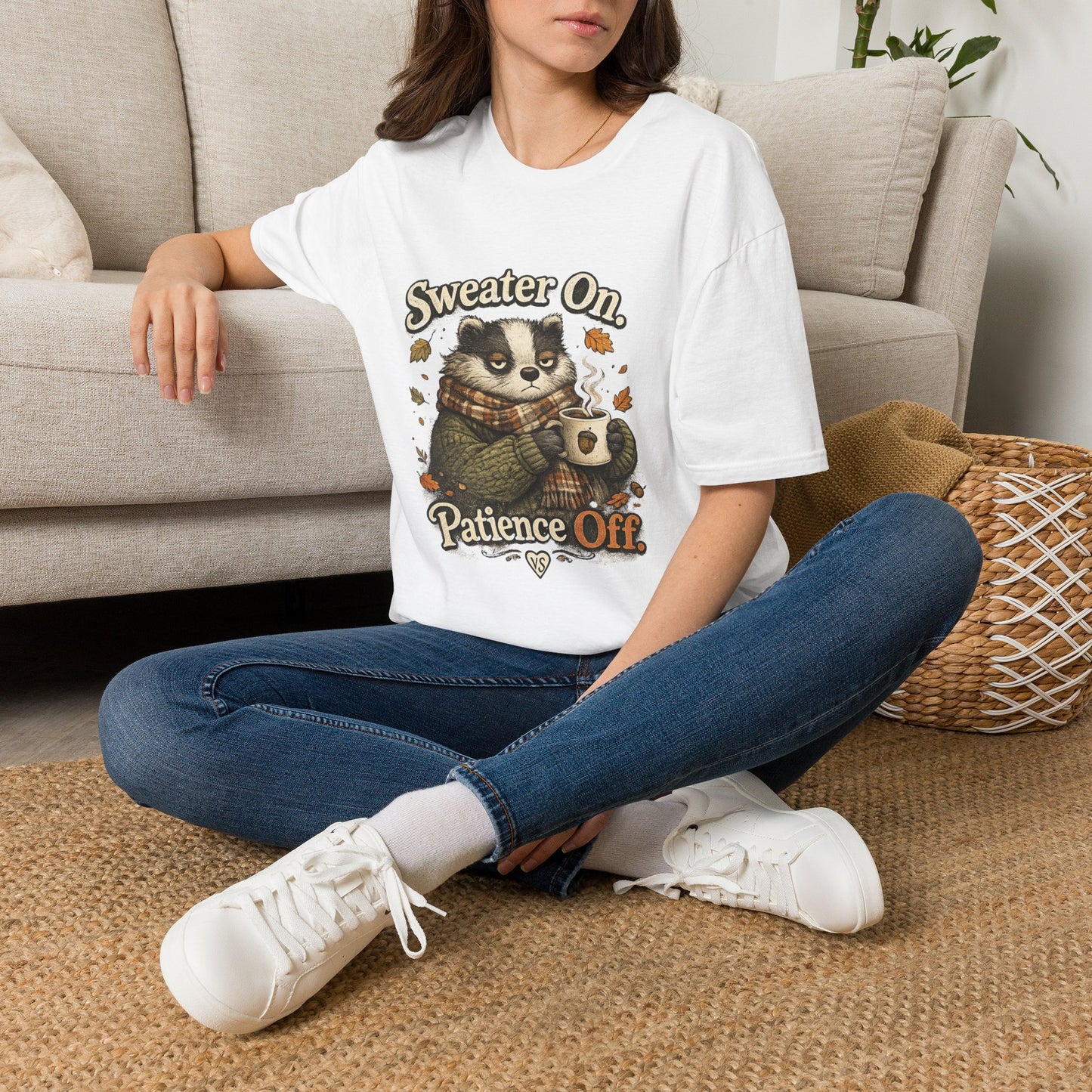Sweater On Patience Off T‑Shirt — Cozy Autumn Raccoon Graphic Tee