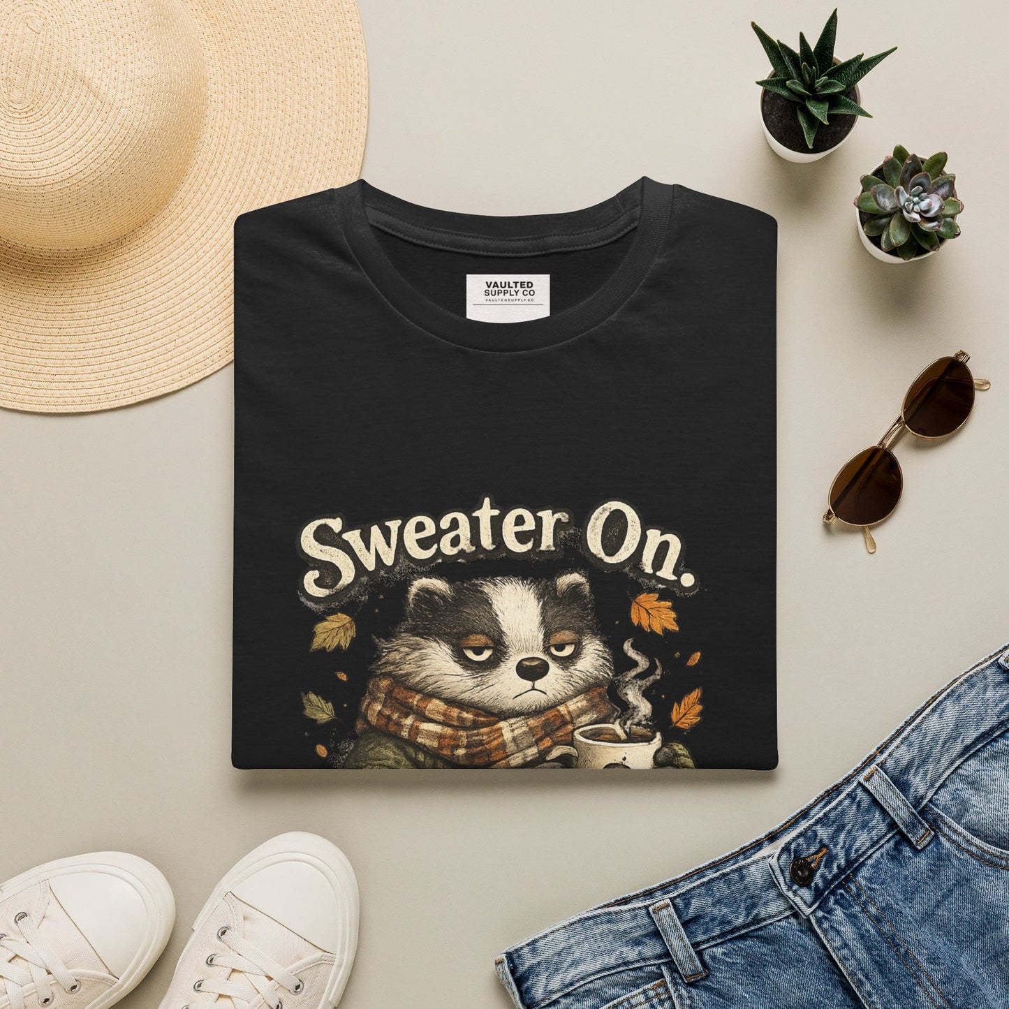 Sweater On Patience Off T‑Shirt — Cozy Autumn Raccoon Graphic Tee
