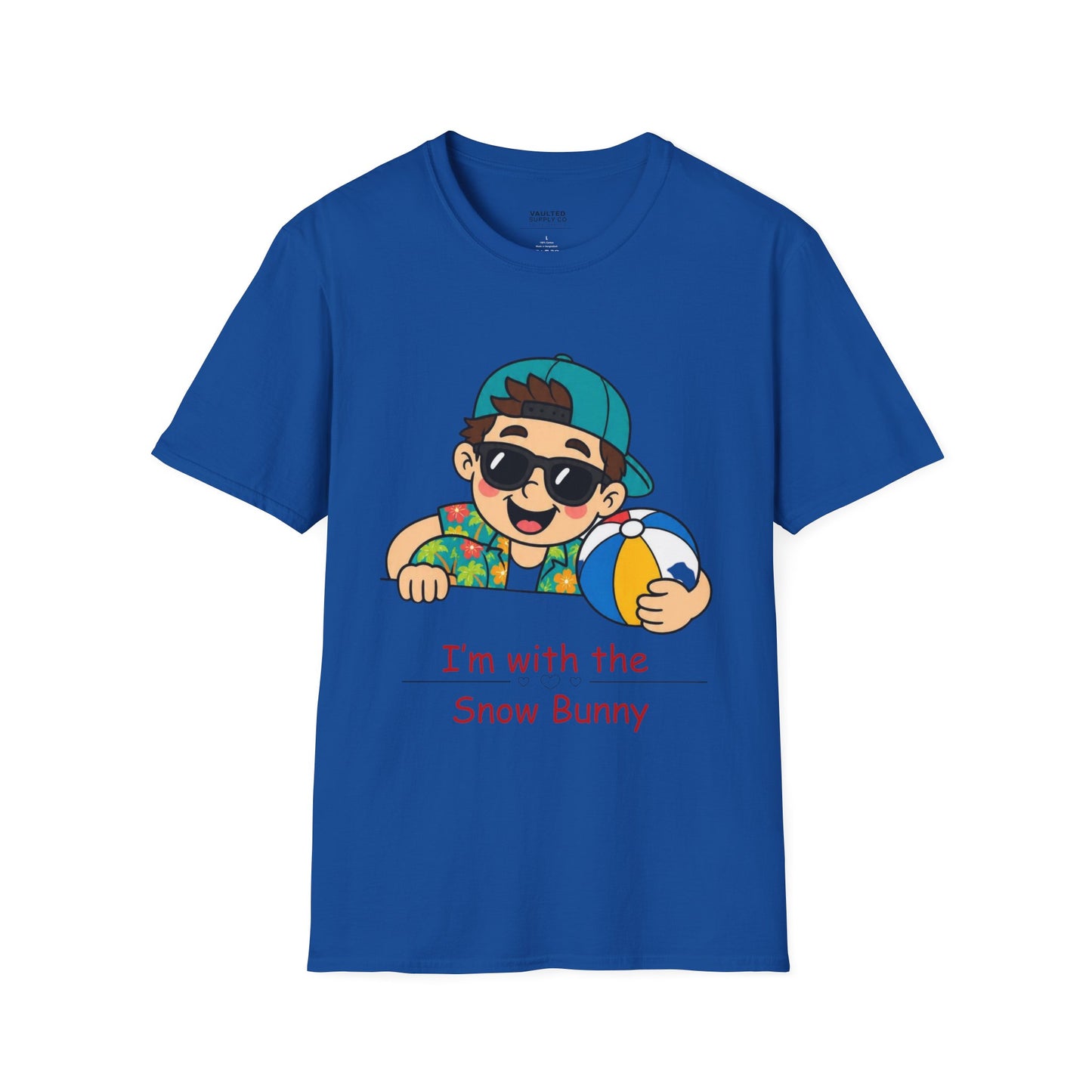 “I’m with the Snow Bunny” T-Shirt — Cartoon with Sunglasses & Beach Ball