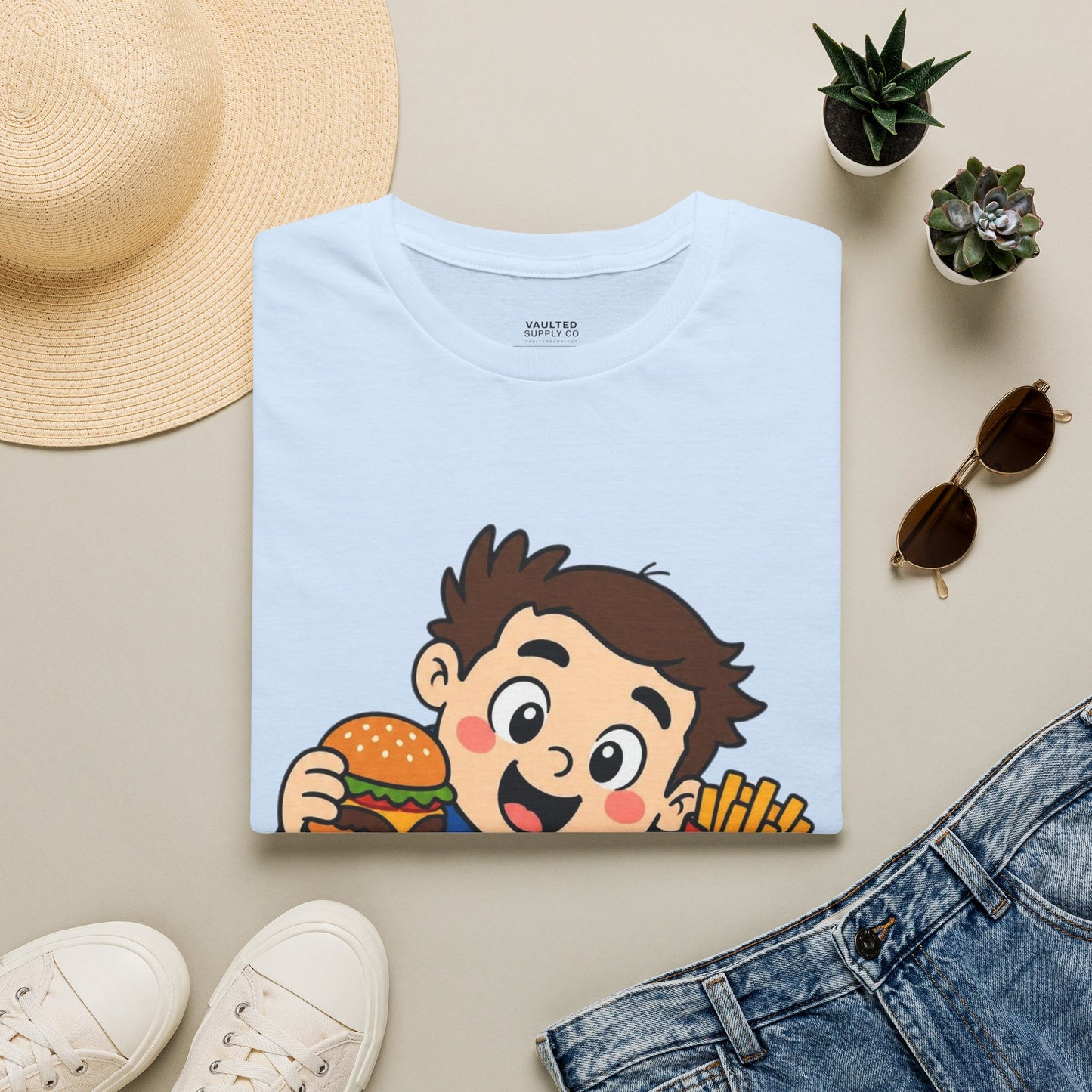 "I'm with the Sweet Tooth" Cute Kid Eating Burger & Fries Graphic Tee