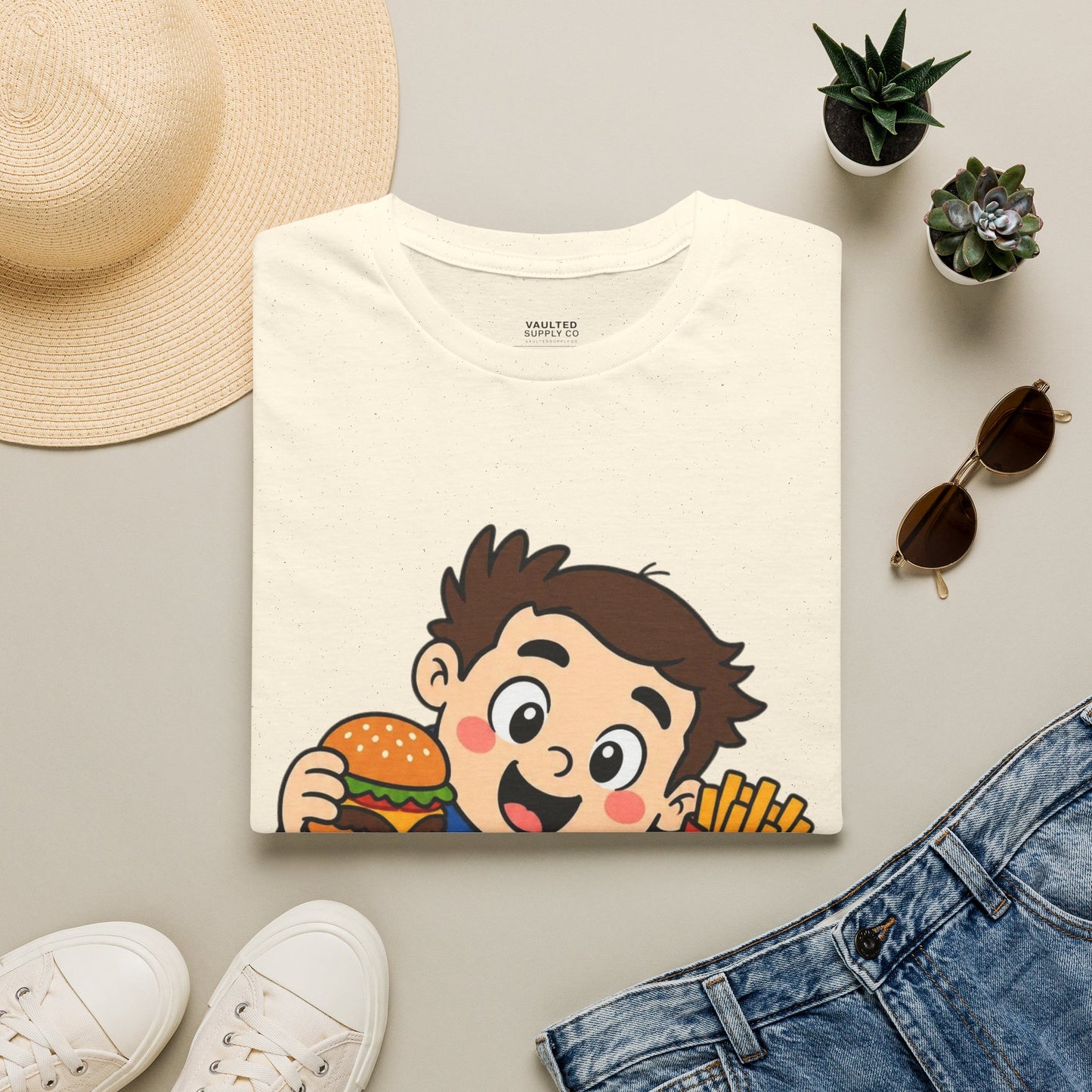 "I'm with the Sweet Tooth" Cute Kid Eating Burger & Fries Graphic Tee