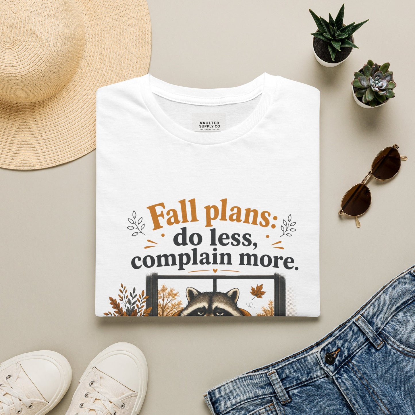 Fall Plans Raccoon Tee — "Fall plans: do less, complain more."