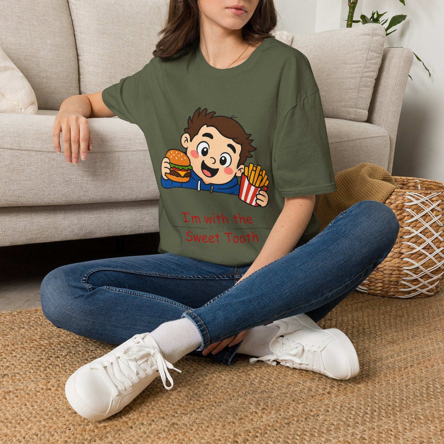 "I'm with the Sweet Tooth" Cute Kid Eating Burger & Fries Graphic Tee