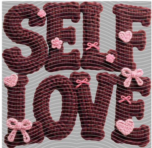 Self Love DTF Transfer design with retro chunky lettering and pink bows and hearts